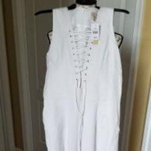 White linen front criss cross tie jumpsuit